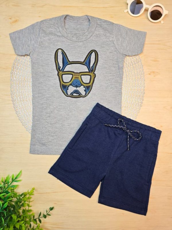 Conjunto Infantil Camiseta e Bermuda Moletinho - Buldogue Óculos