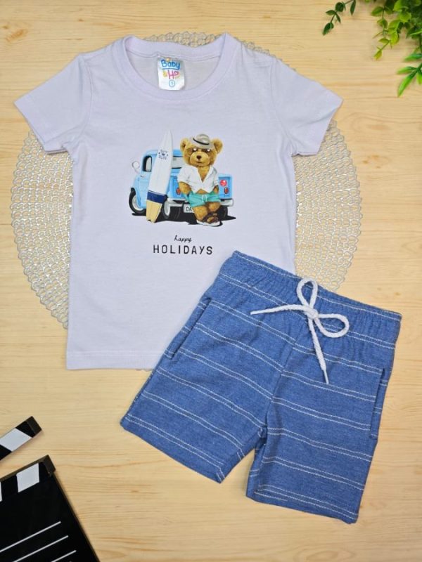 Conjunto Infantil Camiseta e Bermuda Moletinho - Urso Verão