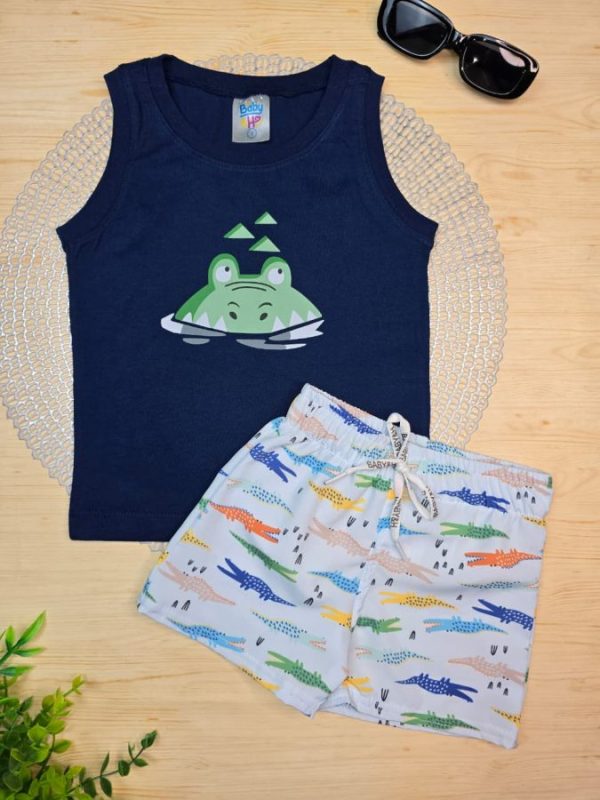 Conjunto Infantil Regata e Shorts Tactel c/Elastano Estampado - Jacaré Verde