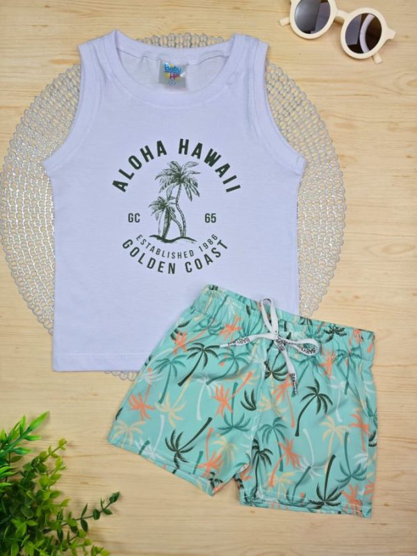Conjunto Infantil Regata e Shorts Tactel c/Elastano Estampado - Coqueiros