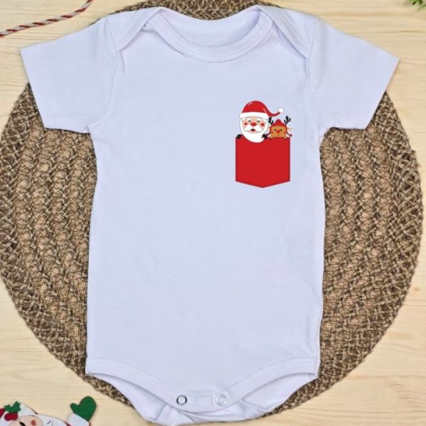 Body Curto para Bebê Branco Bolso do Papai Noel