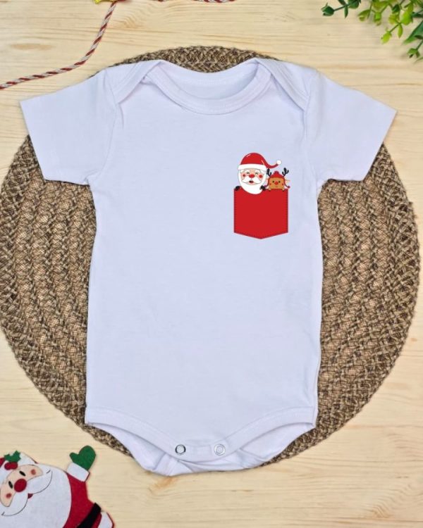 Body Curto para Bebê Branco Bolso do Papai Noel