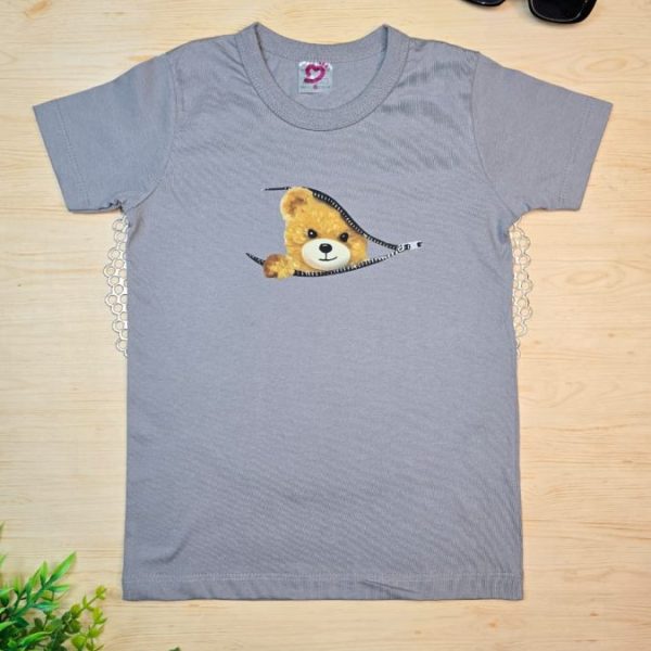 Camiseta Curta Infantil de Menino em 100% Algodão - Urso Zíper Cinza
