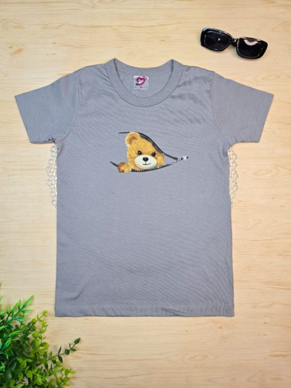 Camiseta Curta Infantil Tradicional Urso Zíper Cinza