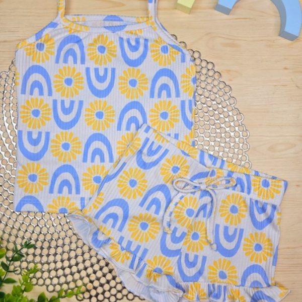 Conjunto Infantil Menina Canelado Blusa Regata e Shorts Frufru - Azul Arco-íris