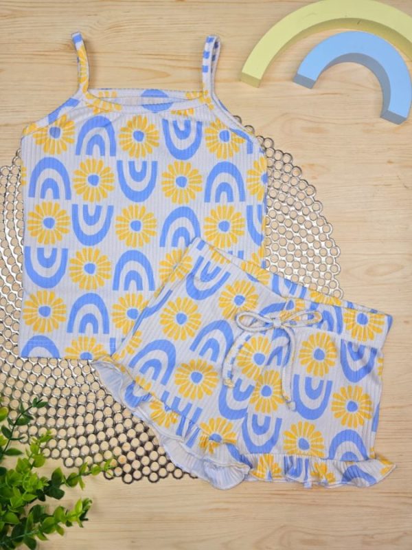 Conjunto Infantil Canelado Blusa Regata e Shorts Frufru - Azul Arco-íris