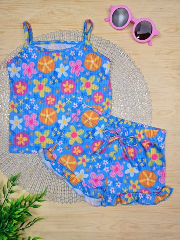 Conjunto Infantil Canelado Blusa Regata e Shorts Frufru - Azul Floral