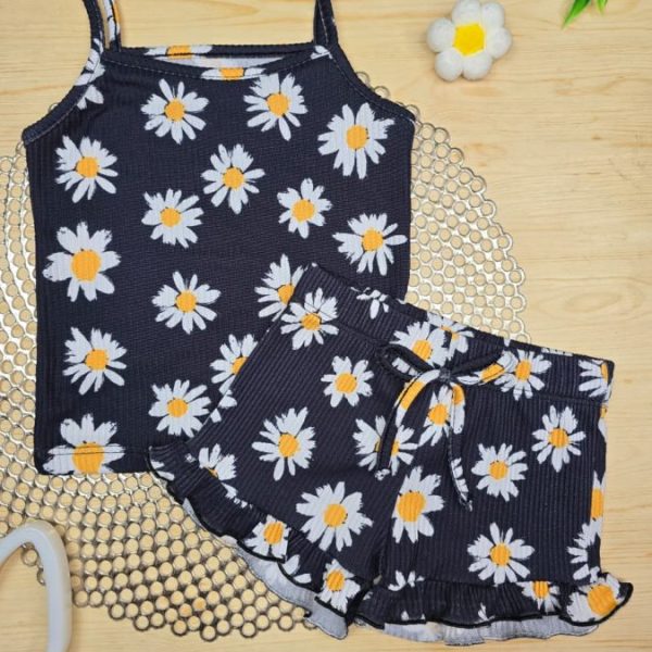 Conjunto Infantil Menina Canelado Blusa Regata e Shorts Frufru - Preto Margaridas