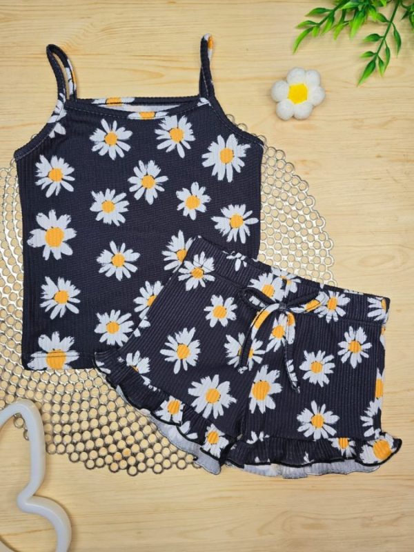 Conjunto Infantil Canelado Blusa Regata e Shorts Frufru - Preto Margaridas