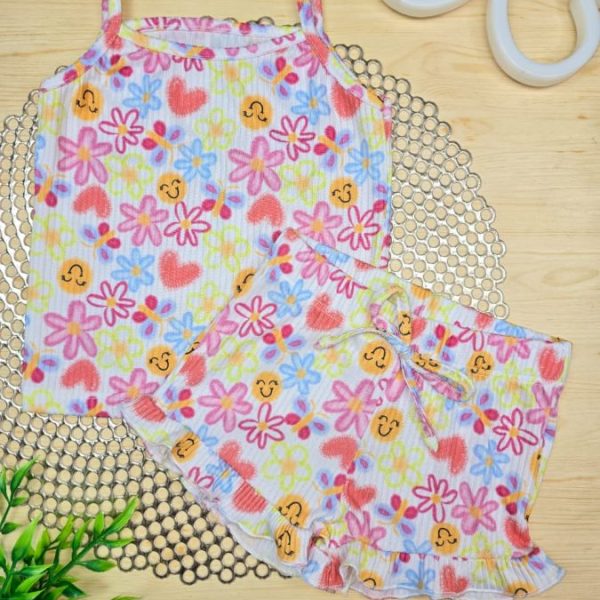 Conjunto Infantil Menina Canelado Blusa Regata e Shorts Frufru - Colorido Emoji