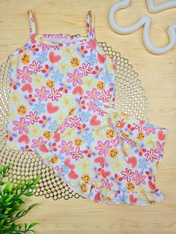 Conjunto Infantil Canelado Blusa Regata e Shorts Frufru - Colorido Emoji