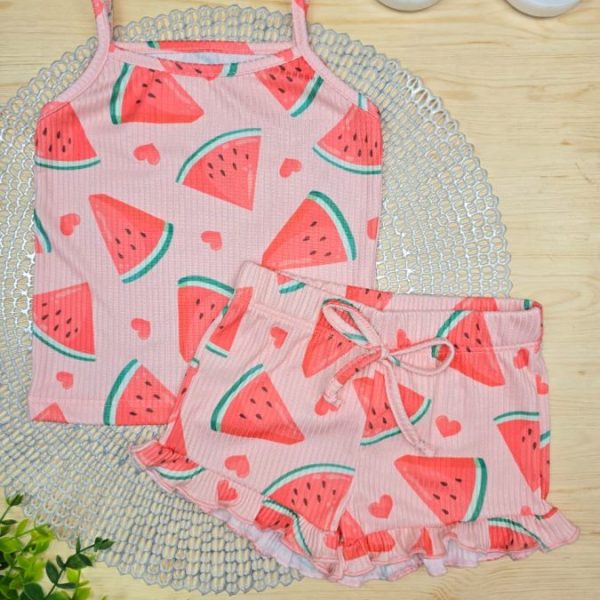 Conjunto Infantil Menina Canelado Blusa Regata e Shorts Frufru - Rosê Melancia