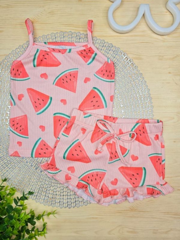 Conjunto Infantil Canelado Blusa Regata e Shorts Frufru - Rosê Melancia
