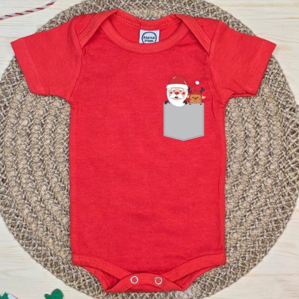 Body Curto para Bebê Vermelho Bolso do Papai Noel