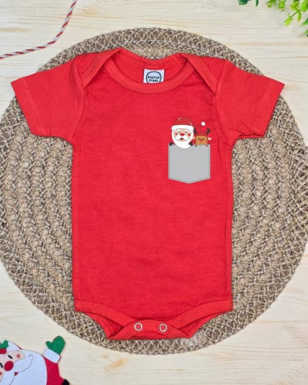 Body Curto para Bebê Vermelho Bolso do Papai Noel