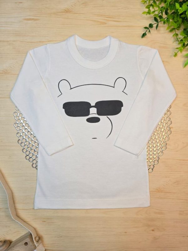 Camiseta Longa Infantil Estampada Off- Urso Óculos