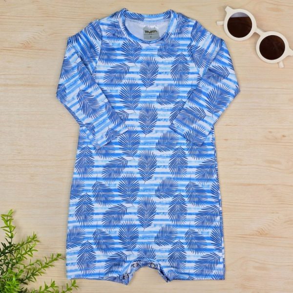 Macacão Praia Proteção UV 50+ Azul Folhas