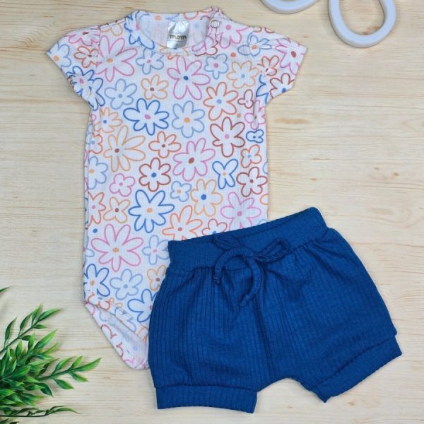 Conjunto Body Canelado e Shorts Canelado Florzinhas Coloridas