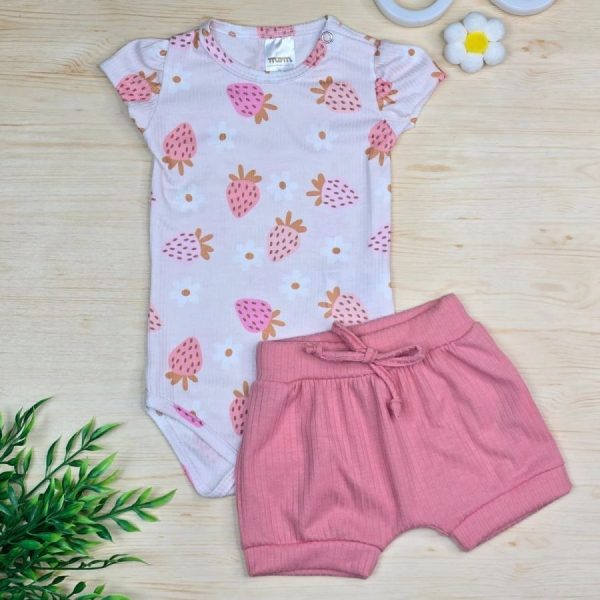 Conjunto Body Canelado e Shorts Canelado Morango