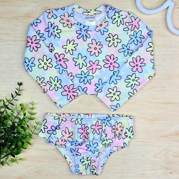 Conjunto Cropped com Calcinha Infantil de Menina Proteção UV 50+ Praia e Piscina Florzinhas