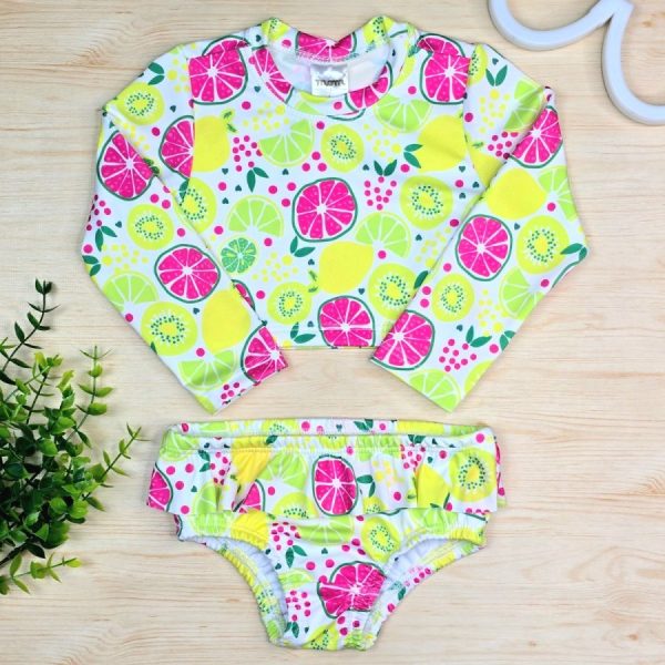 Conjunto Cropped com Calcinha Infantil de Menina Proteção UV 50+ Praia e Piscina Frutas