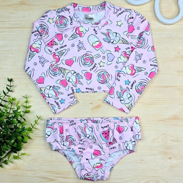 Conjunto Cropped com Calcinha Infantil de Menina Proteção UV 50+ Praia e Piscina Unicórnio