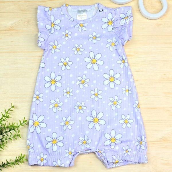 Macacão Curto Babado Canelado - Lilás Florzinhas