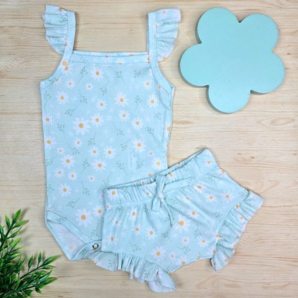 Conjunto para Bebê Menina Body e Shorts Babado Canelado Verde Margarida