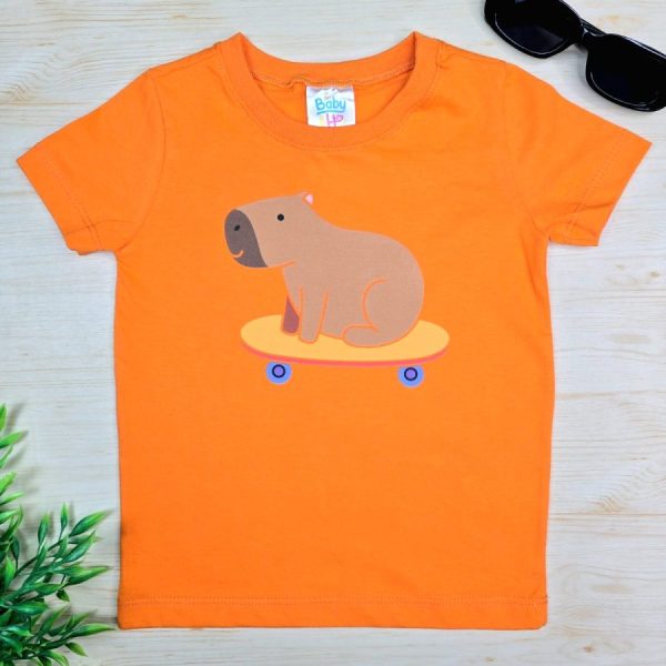 Camiseta Curta Infantil de Menino em 100% Algodão - Laranja Capivara
