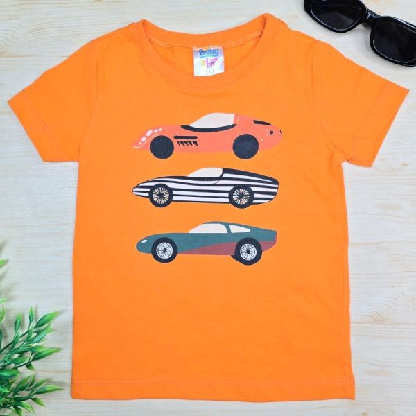 Camiseta Curta Infantil de Menino em 100% Algodão - Laranja Carros