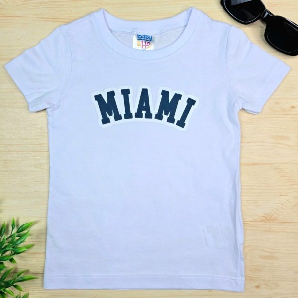 Camiseta Curta Infantil de Menino em 100% Algodão - Branca Miami