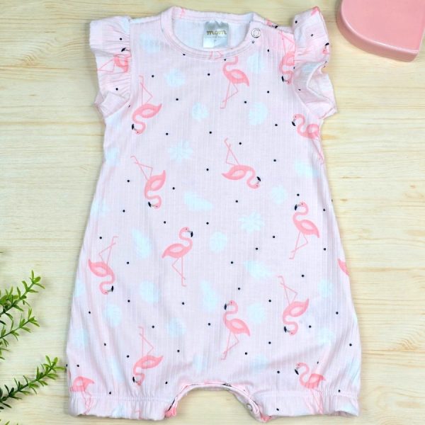 Macacão Curto Babado Canelado - Rosa Flamingos