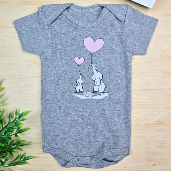 Body para Bebê Manga Curta Liso Mescla Elefante Coração