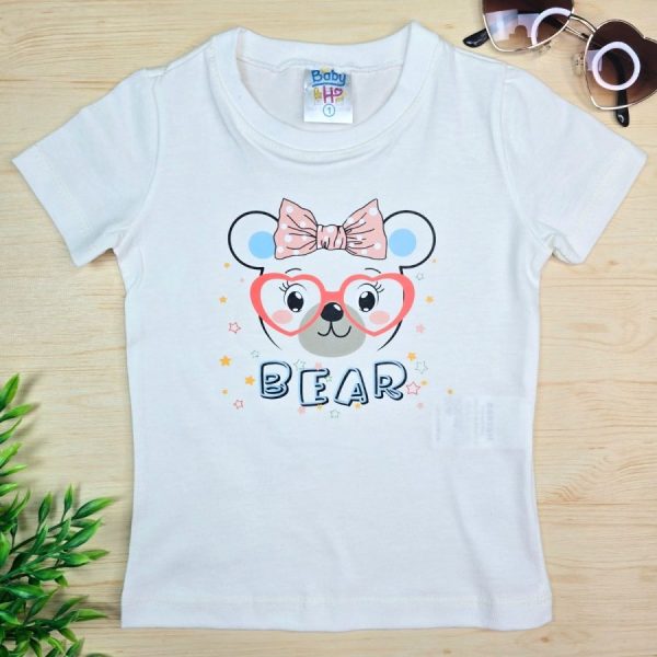 Camiseta Curta Infantil de Menina em 100% Algodão -Ursa de Óculos