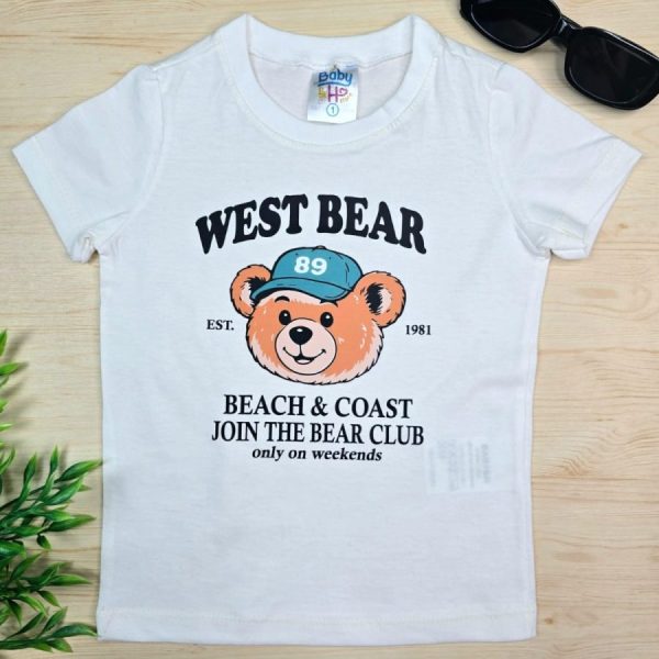 Camiseta Curta Infantil de Menino em 100% Algodão - Off Urso de Boné