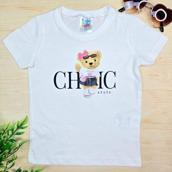 Camiseta Curta Infantil de Menina em 100% Algodão -Ursinha Laço