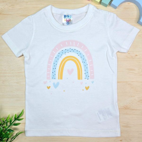 Camiseta Curta Infantil de Menina em 100% Algodão -Off Arco Íris