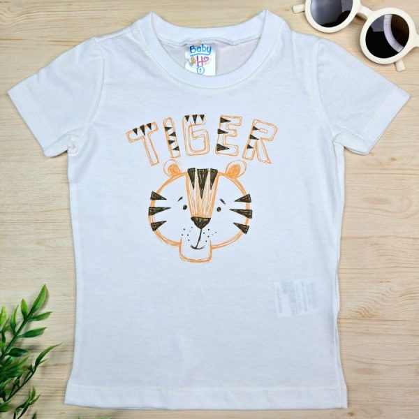 Camiseta Curta Infantil de Menino em 100% Algodão -Off Tigre