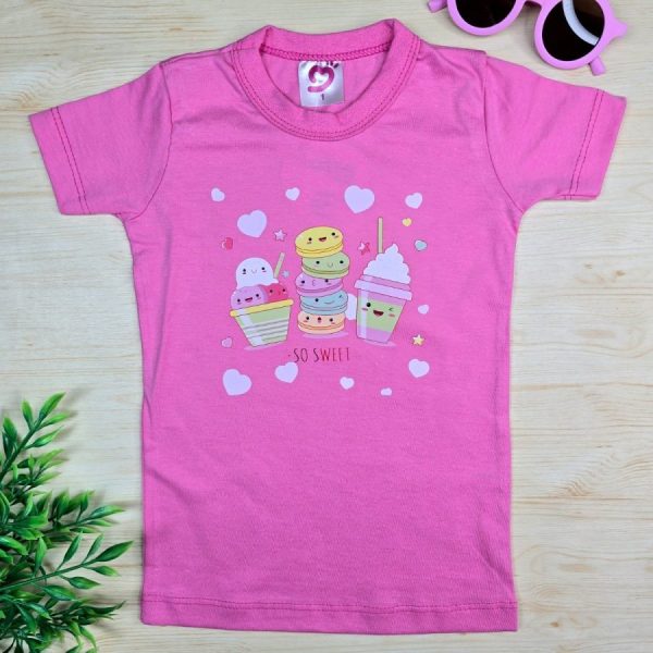 Camiseta Infantil  de Menina feita em 100% Algodão-Rosa Sorvete