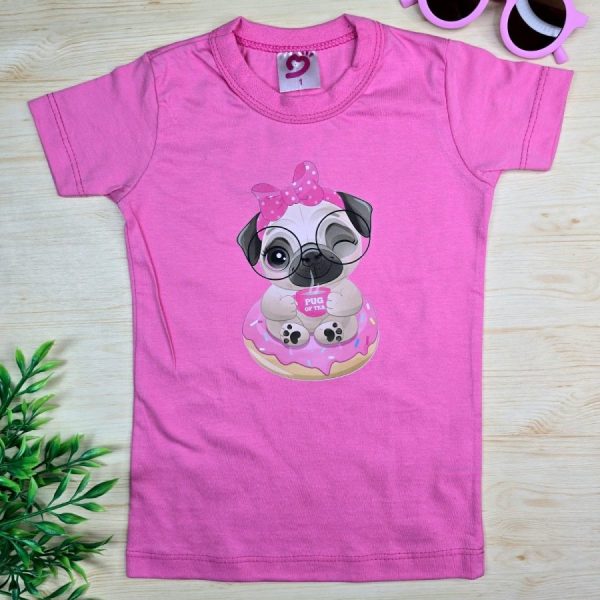 Camiseta Infantil de Menina  feita em 100% Algodão-Rosa Pug