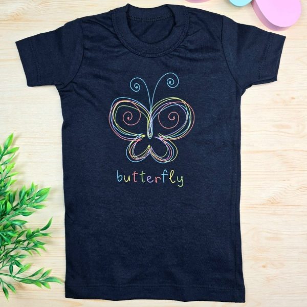 Camiseta Curta Infantil de Menina em 100% Algodão - Preta Borboleta