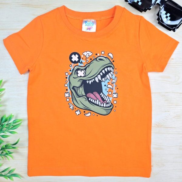 Camiseta Curta Infantil de Menino em 100% Algodão - Laranja Dino