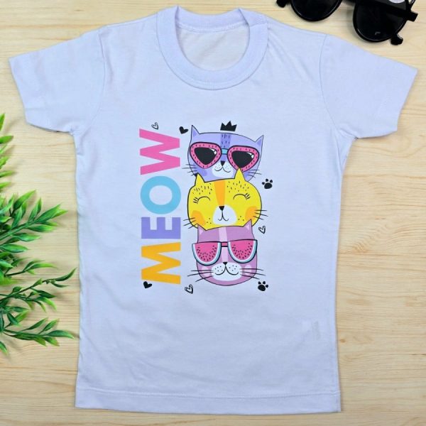 Camiseta Curta Infantil de Menina em 100% Algodão - Branca Gatinhas