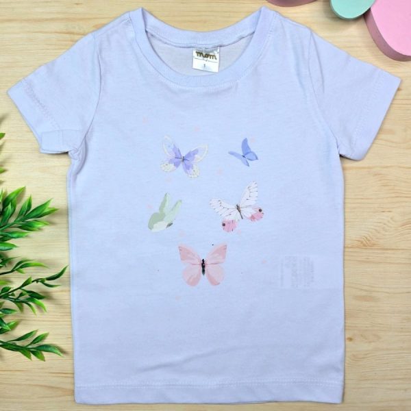 Camiseta Curta Infantil de Menina em 100% Algodão - Branca Borboletinhas
