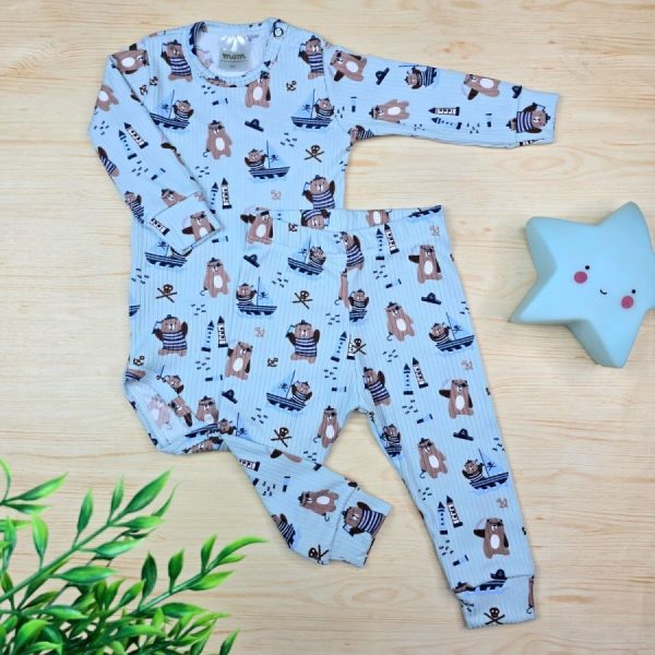 Conjunto Bebê Menino Pijama Pagão Suede Canelado-Azul Ursinho