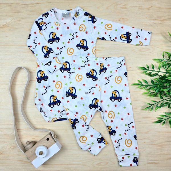 Conjunto Bebê Menino Pijama Pagão Suede Canelado-Off Carrinhos