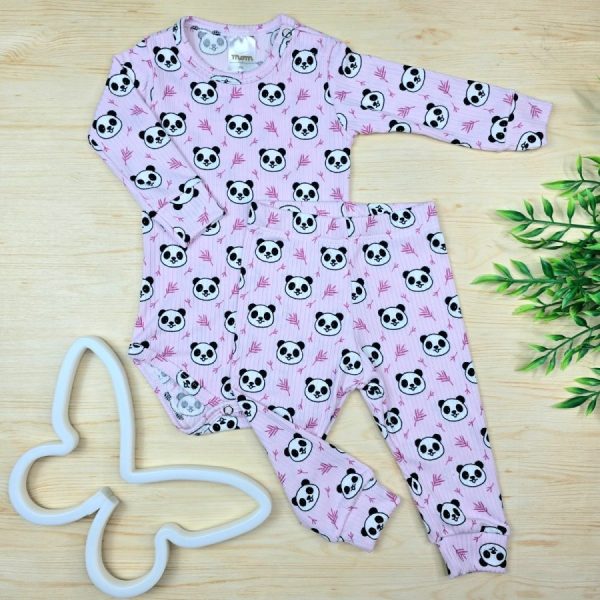 Conjunto Bebê Menina Pijama Pagão Suede Canelado-Rosa Panda