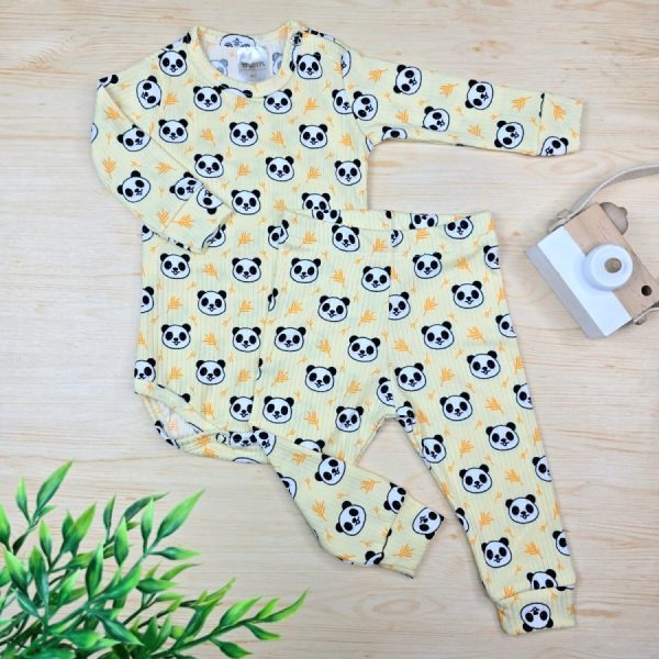 Conjunto Bebê Menino Pijama Pagão Suede Canelado-Amarelo Panda