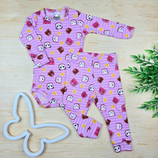 Conjunto Bebê Menina Pijama Pagão Suede Canelado-Rosa Ursinha