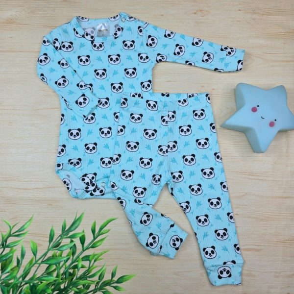 Conjunto Bebê Menino Pijama Pagão Suede Canelado-Azul Panda